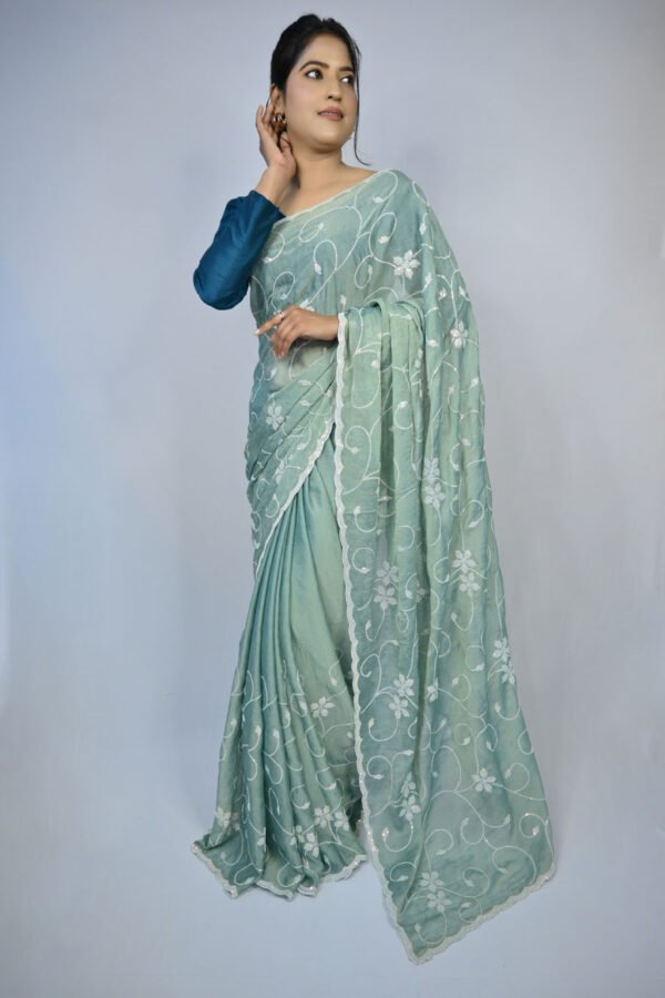 Beautiful Embroidered Saree – Regular Wear with Border & Allover Embroidery – Blouse Fabric Included | Pista Green
