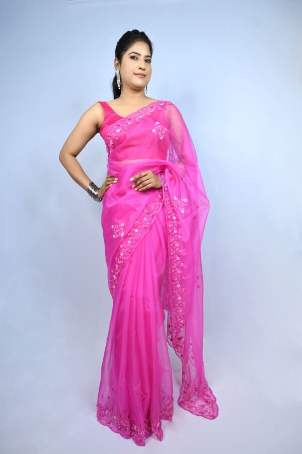 Designer Embroidered Saree Organza Fabric – Party Wear with Fancy Jaal Embroidery – Blouse Piece Included | Magenta