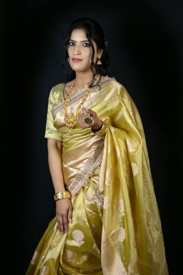 Royal Banarasi Saree Tissue Fabric – Pashmina Work – Matching Blouse Included | Lime Green